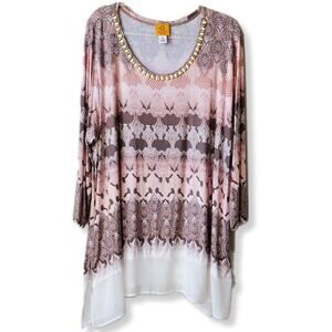 Ruby Rd Women Pink Brown Embellished Sharkbite Hem Top 2X Lagenlook Casual NEW